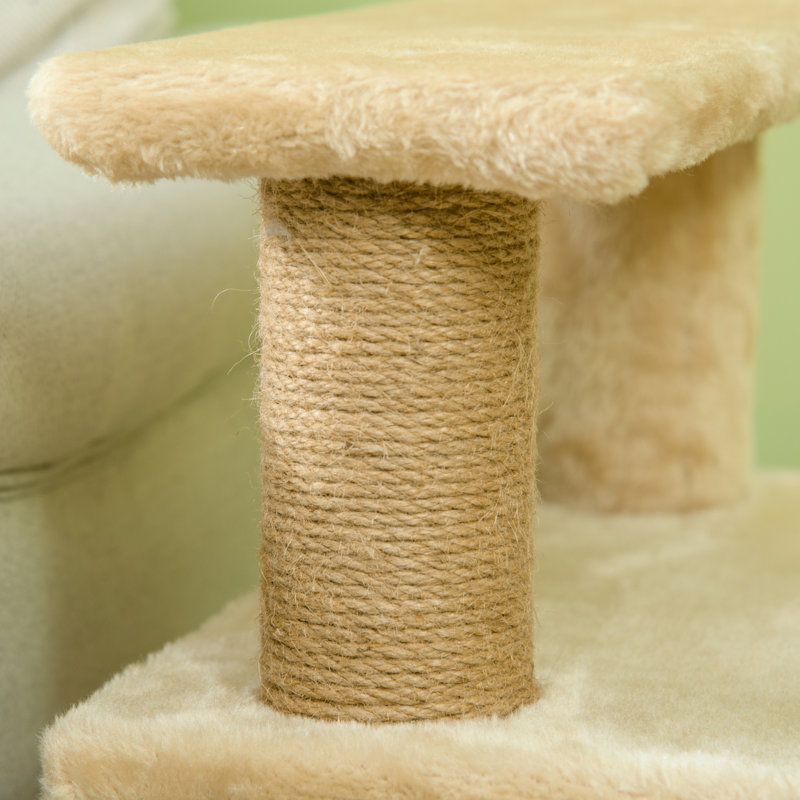 Pet Stairs, Adjustable Height 3 Step/4 Step Cat Steps with Jute Cat Scratching Post, Condo, Toy Ball for High Bed, Sofa, Couch, for Indoor Small Kittens, Beige