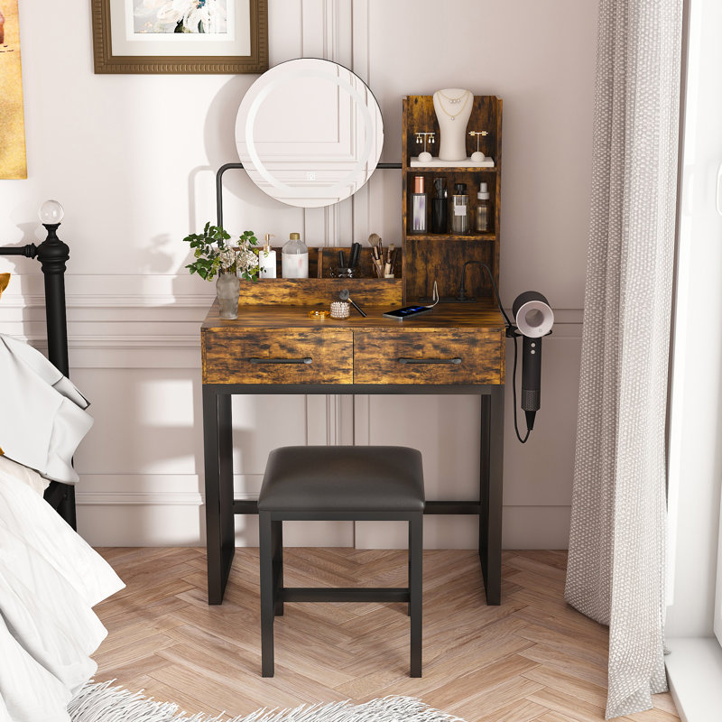 Makeup Vanity With LED Lights&3 Color And Power Outlet Makeup Vanity Table With 2 Big Drawers With Sturdy Metal Leg And Metal Chair