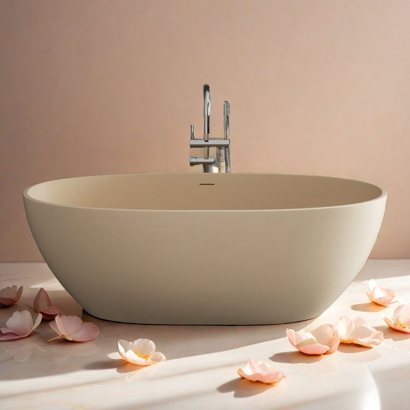 62.99'' W 22.05'' H Frameless Offset Curved Tub & Shower Kit, Milk Coffee