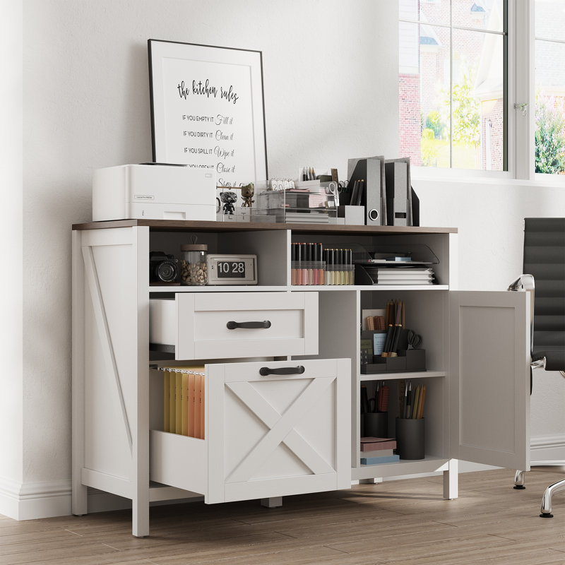 Lateral File Cabinet, Farmhouse 2 Drawer, White/Brown