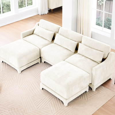 Beige Three - Seater Featuring Movable Ottomans, Lumbar Pillow, Chenille Upholstery, High Resilience Sponge, Frame, Modern Armrest Design With 2 Support, Cushioning, Strong Wooden Base, Simple And