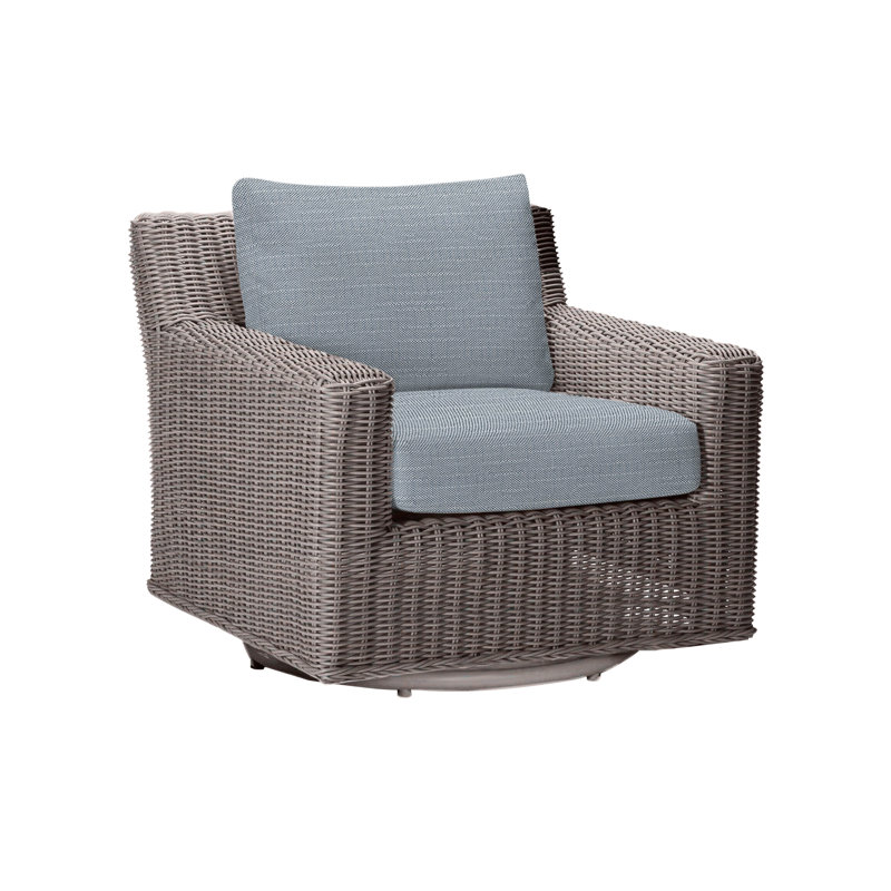 Rustic Swivel Patio Chair with Cushions, Rollo Chambray InsideOut® Linen, Oyster, Welt