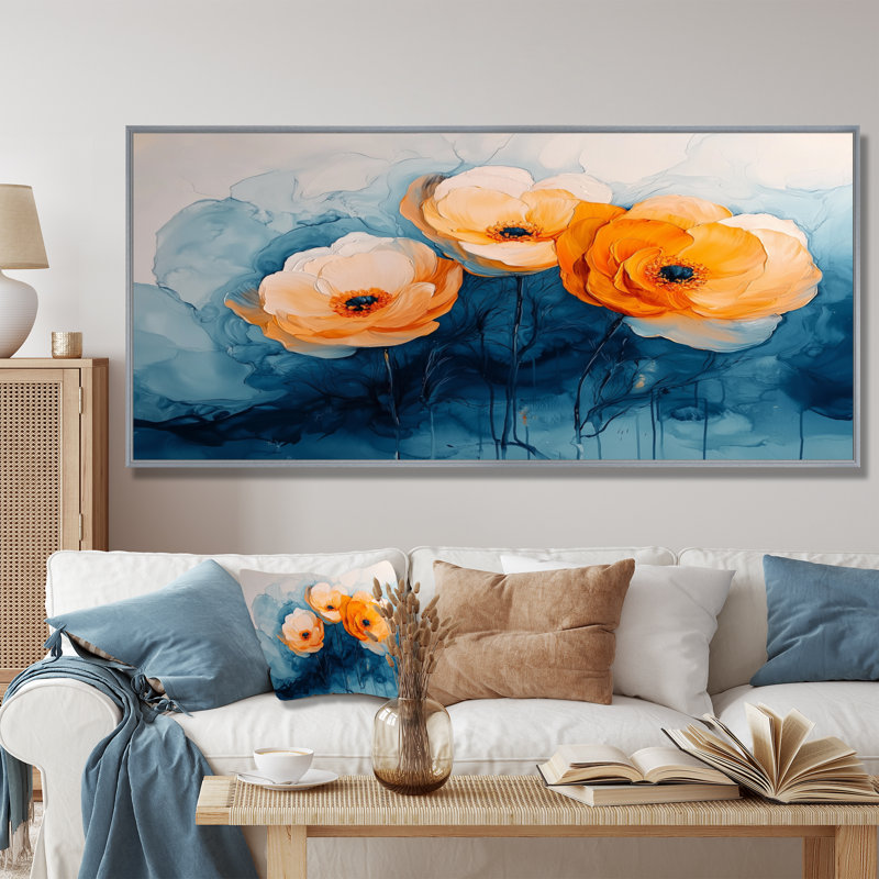 Aquarelle de fleurs de renoncule, rivière IV - art mural Renoncule, H 28 po x l 60 po, Floater Framed, Argent argent