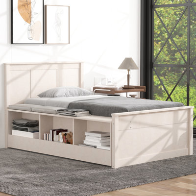 Twin-Size Wooden Platform Bed with Pull-Out Trundle and Storage Cabinet – Cream White