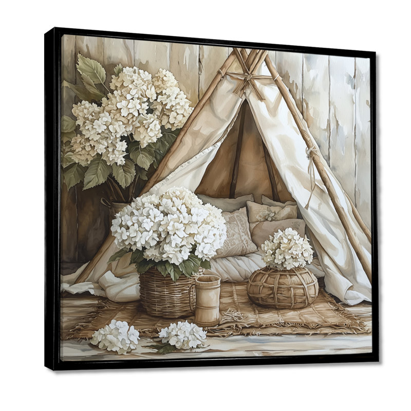 Boho Hydrangeas In A Boho Tent I - Hydrangea Wall Art, Impression encadrée flottante, Noir, H 16 po x l 16 po
