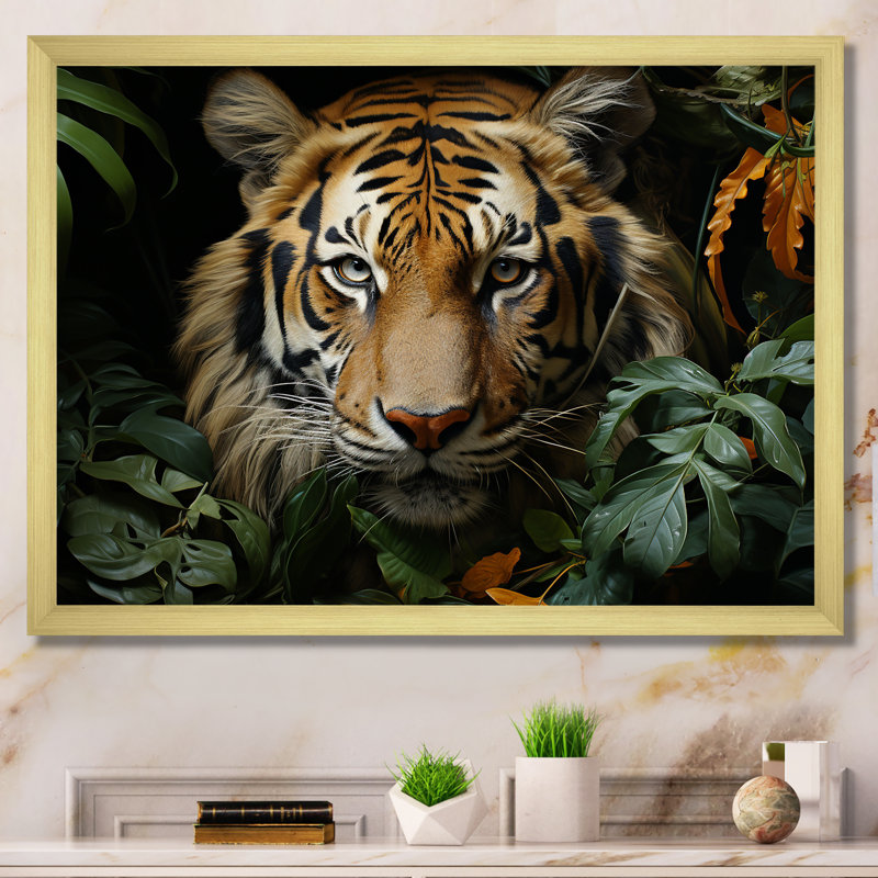 Feline Focus Tigers In Jungle 2 - Art mural jungle, Cadre doré à coins fermés, H 12 po x l 20 po x P 1 po