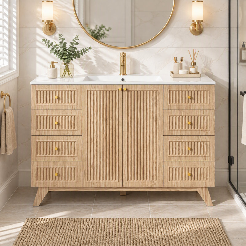 Meuble-lavabo simple 48 po en bois avec lavabo SMC intégré, 2 portes à fermeture en douceur et armoire 8 tiroirs