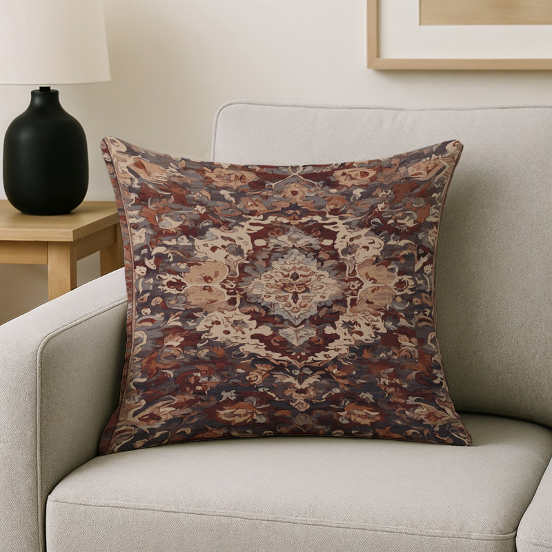 Coussin décoratif intérieur et extérieur Modern, Carré 16 po, Brun / beige / bourgogne damassé