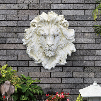 22" Outdoor Lion Head Wall Decor Garden Sculpture Animal Statue Art In Beige