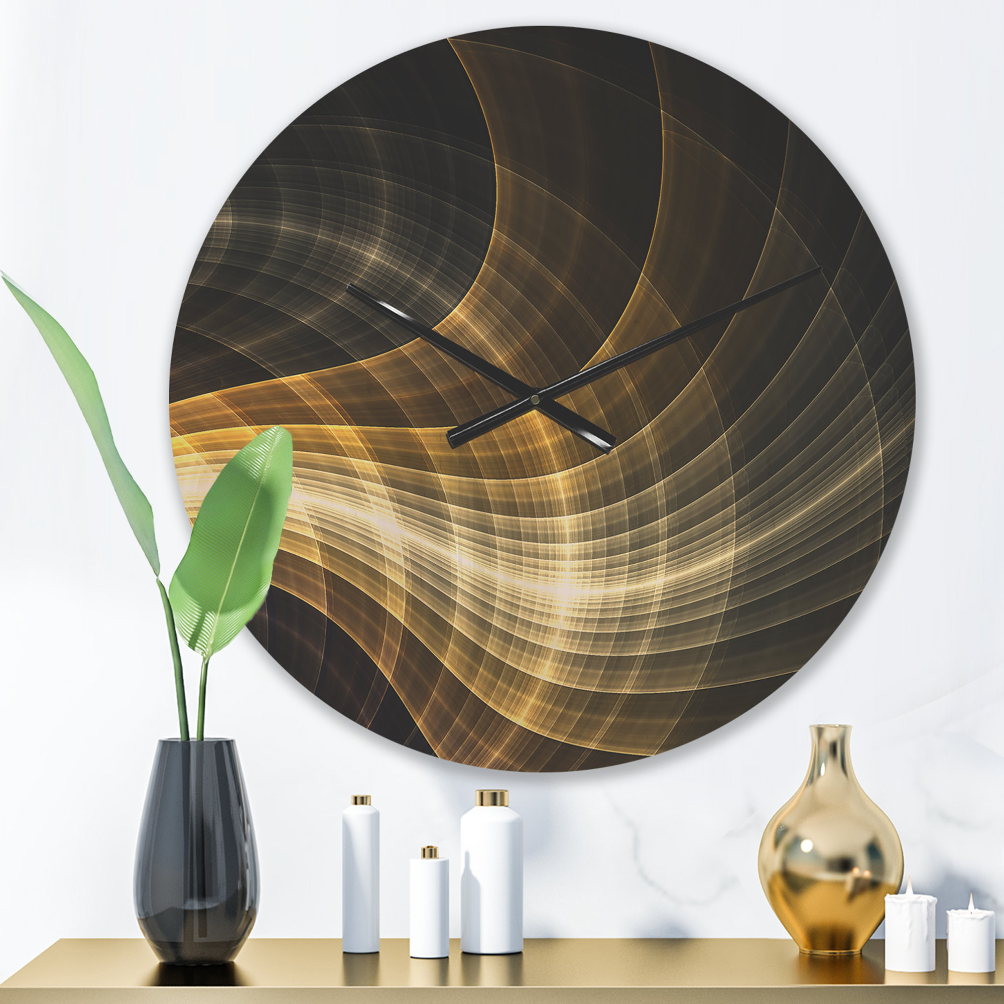East Urban Home Yellow Fractal Light Art Modern Wood Wall Clock