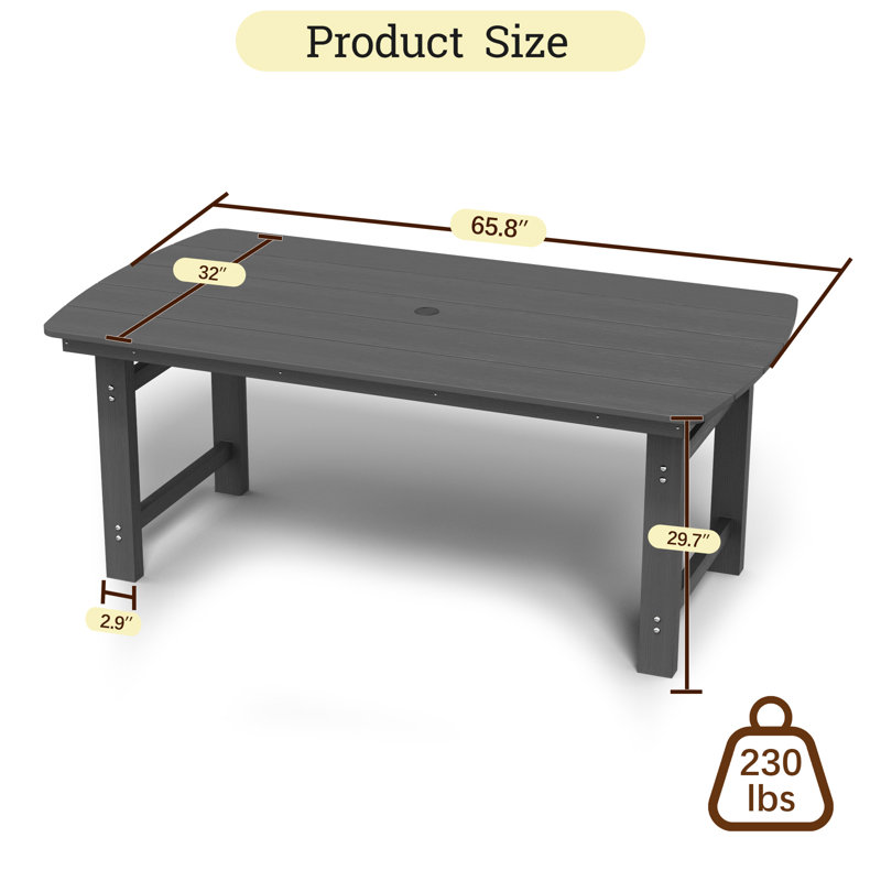 65.8" Rectangle HDPE Dining Table，Suitable for Both Indoor and Outdoor Use, Grey