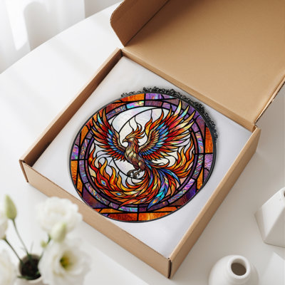 12"H Phoenix Flame Stained Glass Window Panel