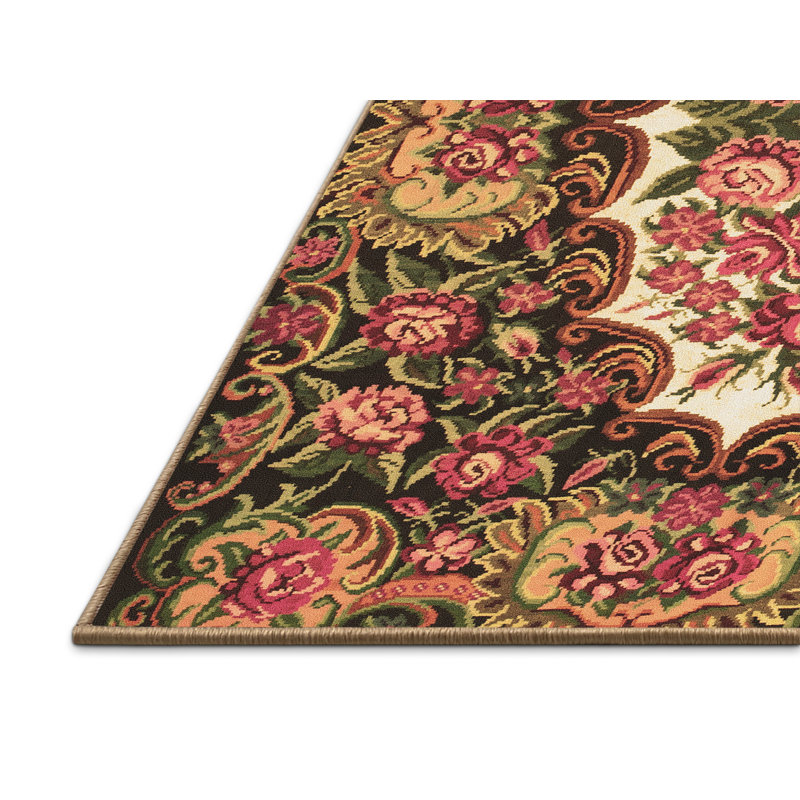 Tapis floral en laine / polyester tissé à la machine Pehanick de couleur saumon / olive / vert mer foncé