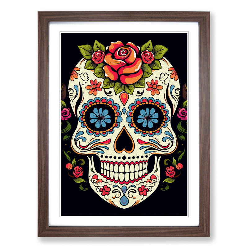 Sugar Skull Line No.4 - Single Picture Frame Print on Wood, 34cm H x 25cm W x 2cm D, Walnut