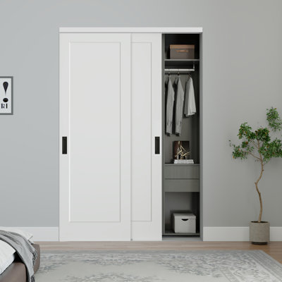 48"X80" Flat 1-Panel Smooth White Primed Moulded Sliding Closet Doors With Installation Hardware Kit and Matte Black Flush Pull