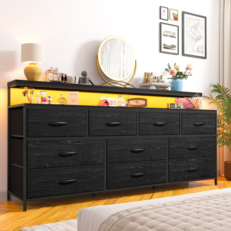 55" Wide 10 Drawers Dresser For Bedroom With 2-Tier Open Shelves, Long Dresser With Led Light And Power Outlets, Black