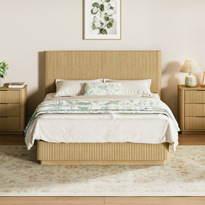 Bed Frame with LED Lights, Modern Wooden Corrugated Curved Lines, Convex Groove Board Design