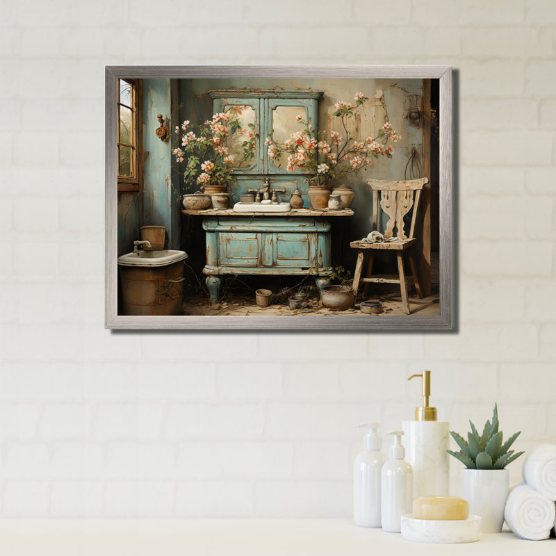 «Bathroom Bathroom Vintage Charm I» - Art mural encadré pour salle de bain, Toile tendue, H 12 po x l 20 po x P 1 po