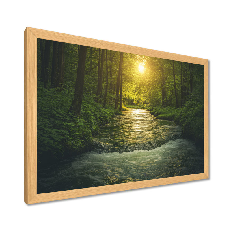 Lever du soleil vert émeraude, rivière sinueuse en forêt I - Tableau encadré, H 24 po x l 32 po, Natural Picture Framed