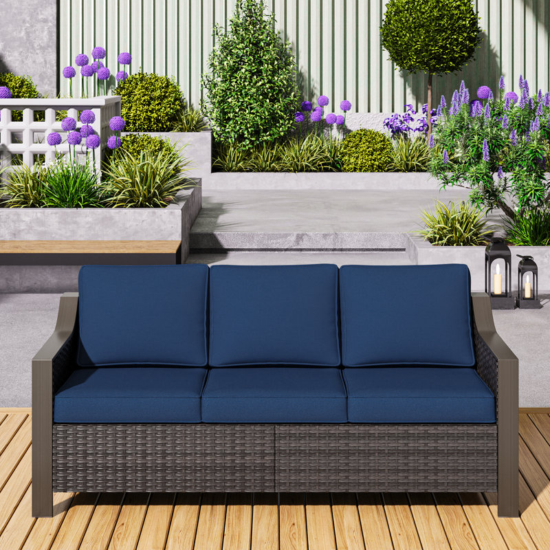Premium Outdoor Patio Rattan Three-person Sofa, Blue