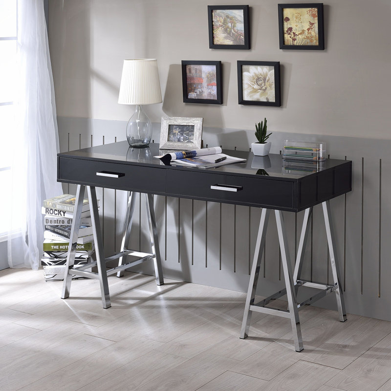Bureau d'écriture 2 tiroirs avec base en métal noir brillant et chrome