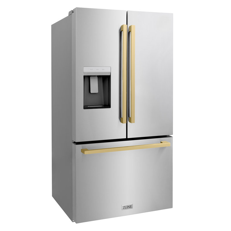 ZLINE Autograph Edition 36 in. 28.9 cu. ft. Standard-Depth French Door External Water Dispenser Refrigerator with Dual Ice Maker in Fingerprint-Resistant Stainless Steel and Champagne Bronze Modern Handles