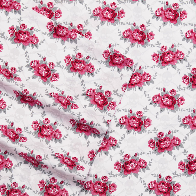 Betsey Johnson Printed Novelty Sheet Sets, Skull Rose Trellis Pink, Twin XL Sheet Set with 1 Standard Pillowcase