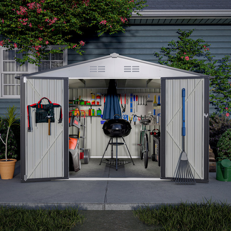 10X8 FT Outdoor Storage Shed, All Weather Metal Sheds With Lockable Doors, Tool Shed, White