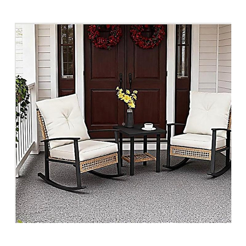 Patio Wicker Furniture Set with Button Tufted Cushions, Rattan Rocking Chairs, Coffee Table, Beige