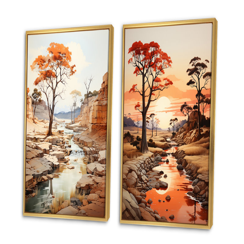 «Beige Orange African Valley», 2 pièces sur toile, Encadrement doré, H 32 po x l 32 po