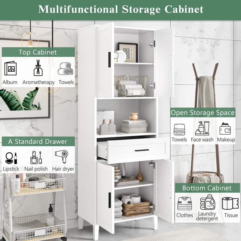 70.9" Tall Freestanding Bathroom Storage Cabinet With Drawer, 2 Cabinets, Adjustable Shelves, Soft-Close Doors & Open Display Shelf