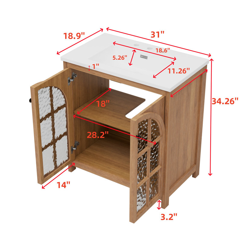 Meuble-lavabo rustique 31 po avec lavabo en céramique 31 po, 2 portes en verre trempé à fermeture en douceur et 1 tablette réglable
