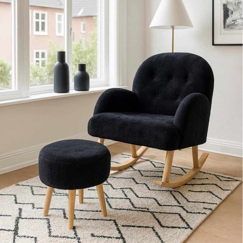 Ensemble de fauteuil à oreilles et pouf (2 pièces), Black Polyester Blend