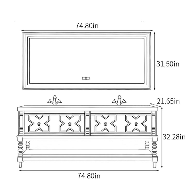 Retro and medieval style bathroom cabinet, 32.28" H x 74.8" W x 21.65" D