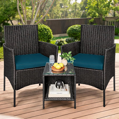 Ensemble bistro 3 pièces, chaises en rotin PE et table basse en verre, mobilier de balcon extérieur