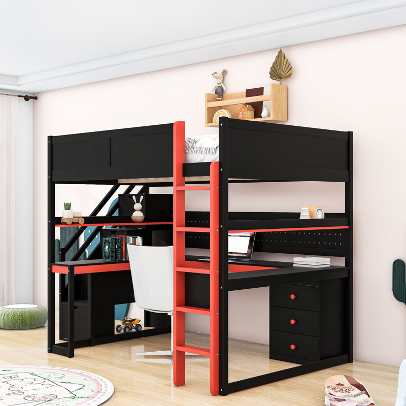Esports-Inspired Wood Loft Bed with Built-In Desk, Shelves and Storage Stairs, Black Red, Full