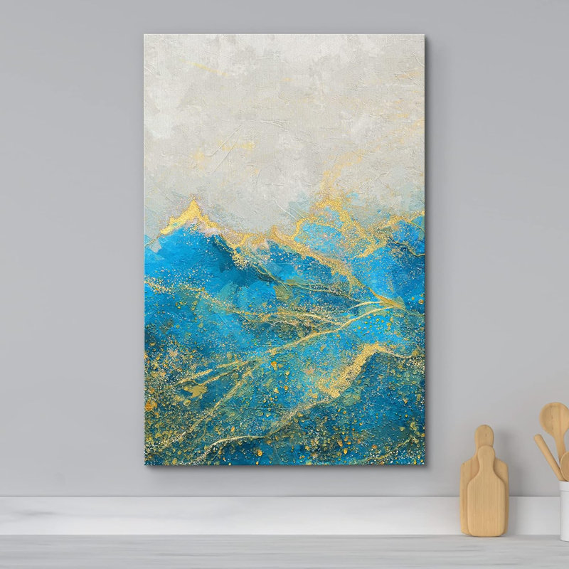 Bleu doré, peinture, coup de vague, paysage, formes abstraites, illustrations, art moderne, décor minimal, H 18 po x l 12 po