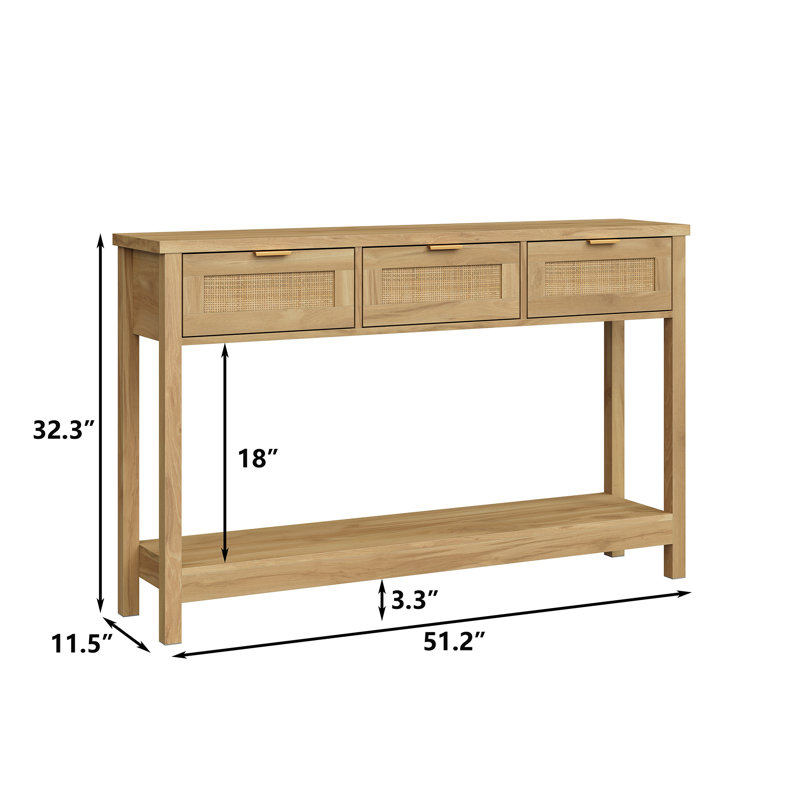 Ayjah 51.2" Wood Console Table with 3 Drawers,Rattan Entry Table for Entryway