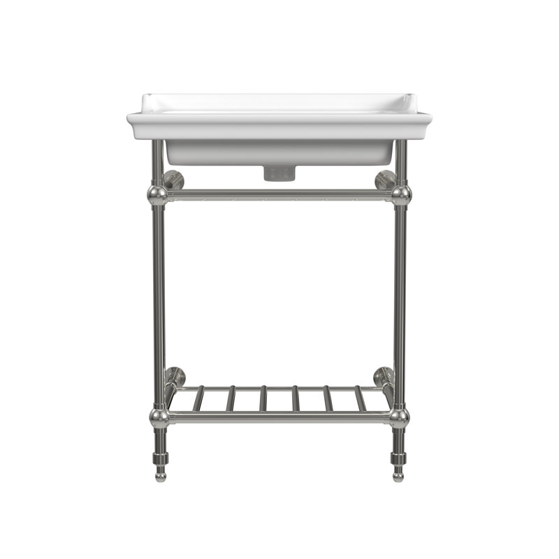 Gloss White Fireclay Rectangular Console Bathroom Sink with Overflow, Polished Nickel, Single
