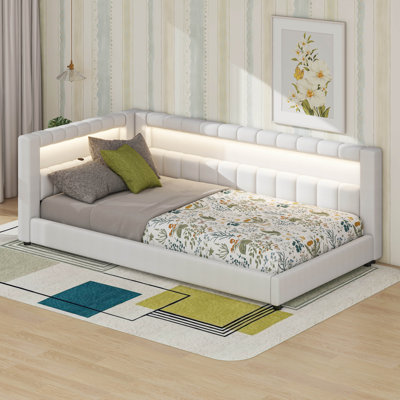 Upholstered Daybed With Storage Headboard, L-Shaped Corner Bed Frame With Charging Station & LED Lighting