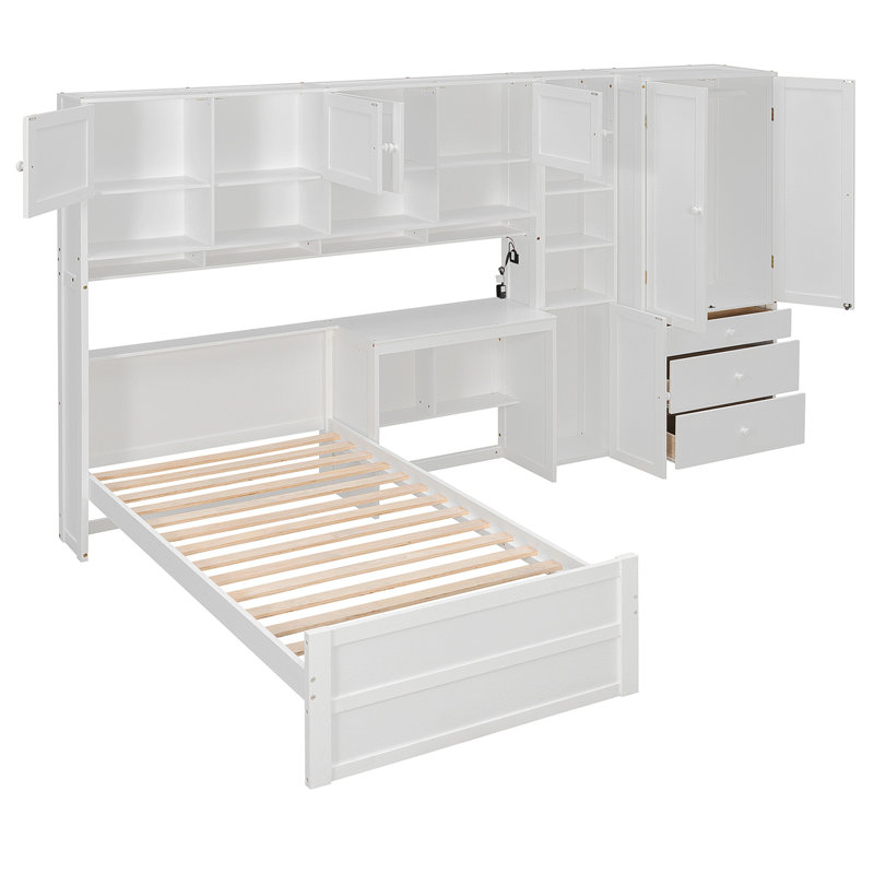 Lit plateforme simple en bois avec bureau, armoire, armoires, tiroirs et tablettes, blanc, Blanc