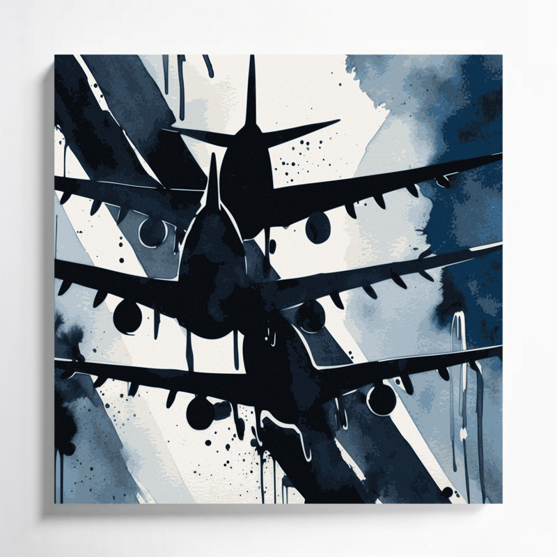 «Transport Commercial airliner silhouettes», art mural sur toile grise, H 32 po x l 32 po