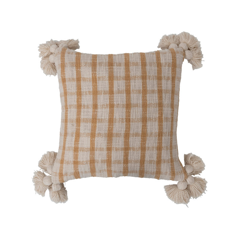 Mustard and Cream Plaid Cotton Pillow with Tassels