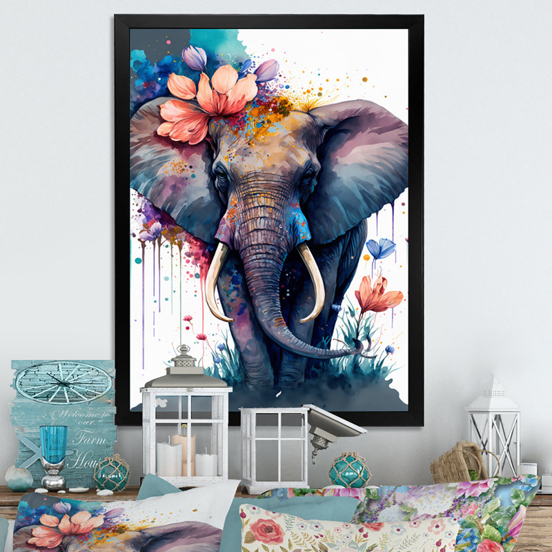 «Cute Elefant Floral I», impression sur toile, Impression noire sur toile encadrée, H 32 po x l 24 po x P 1 po