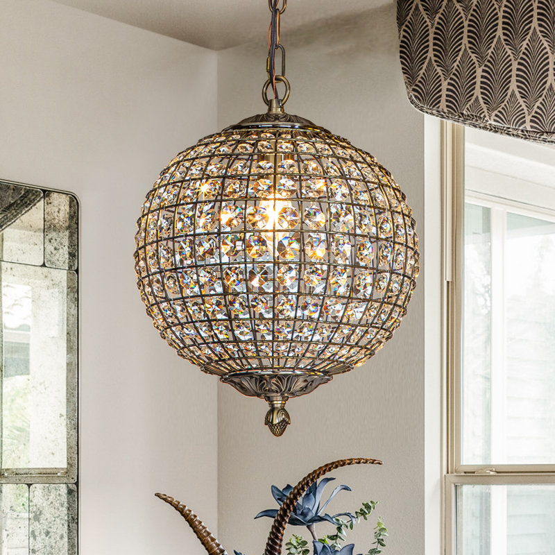  Dhamender Retro Antique Bronze Crystal Globe Pendant With Crystal Accents, 15" H x 11.8" W x 11.8" D, 1