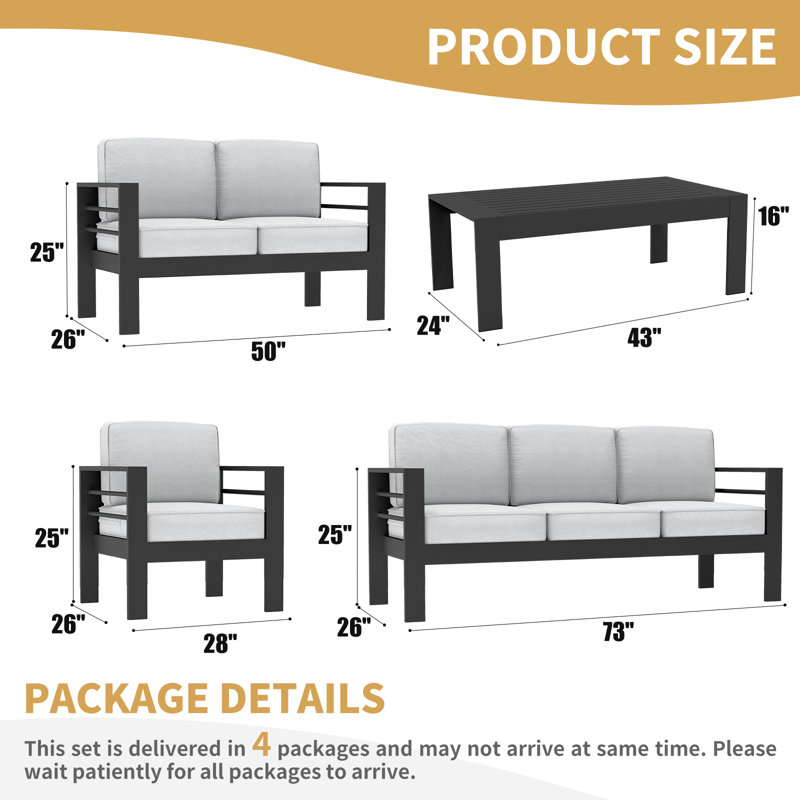 Alturas Standalone Product 5 Piece Sofa Seating Group with Cushions, Black Frame/Gray Cushion