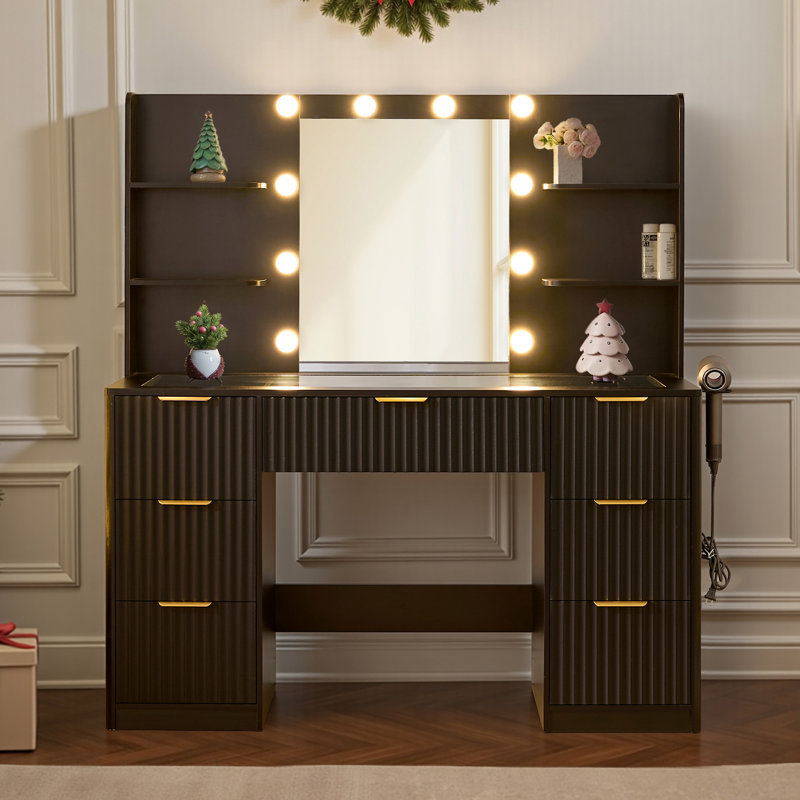 42.7" W Modern Large Vanity Desk With 7 Drawers, 4 Shelves, Led Lighted Mirror & Power Outlets, Black, Black