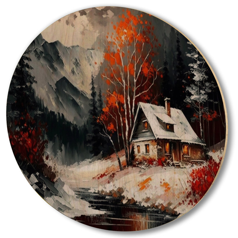 Mono orange chalet en hiver V - Art mural en bois paysage - bois de pin naturel, H 23 po x l 23 po x P 1 po