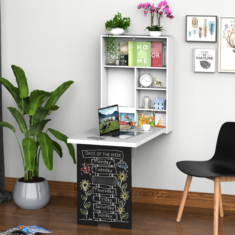Bureau mural blanc avec tableau noir et tablettes, espace de rangement fonctionnel, monté, blanc, pour une pièce élégante
