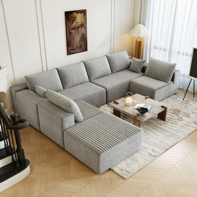139.4" Modular Sectional Sofa, Oversized U-Shaped Minimalist Couches with 2 Middle Seats and 1 Ottoman Chaise, Modern Deep Seat Convertible Sleeper Sofa, Cloud Plush Corduroy Fabric,7 Seater